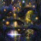 Enchanting forest scene at night: glowing lights, arched bridges, reflective lake, magical dwell