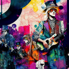 Vibrant band illustration with stylized guitarist on colorful backdrop
