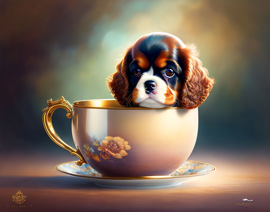 Cavalier King Charles Spaniel Puppy in Golden Teacup with Floral Design