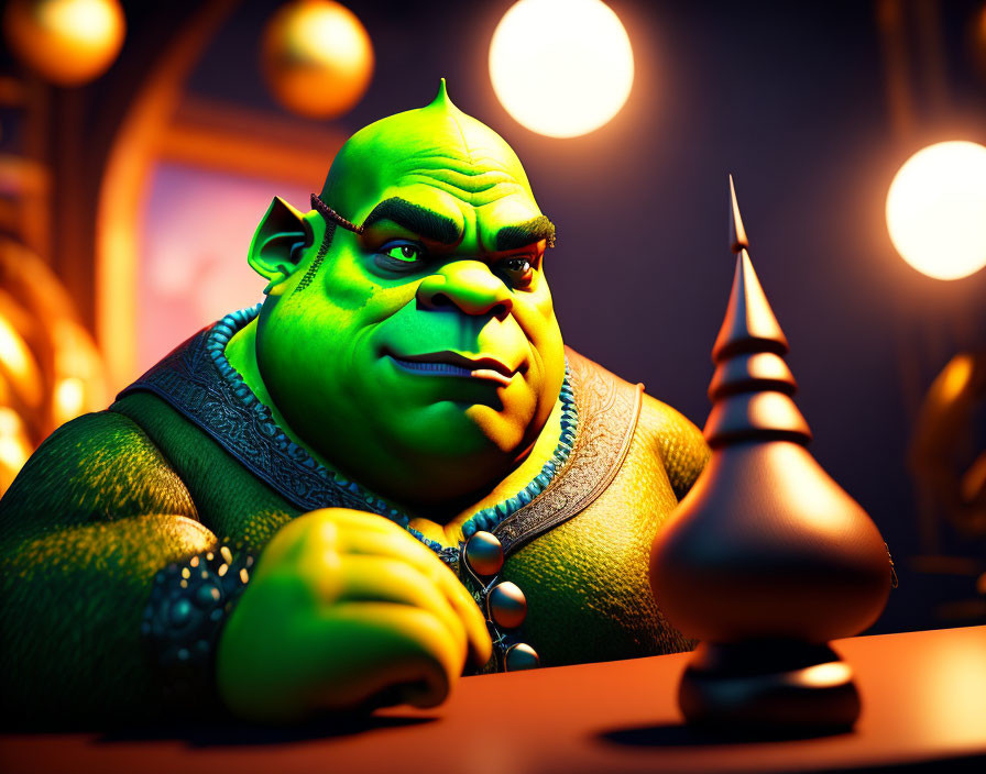 Green ogre in brown vest contemplates chess piece in warm lighting
