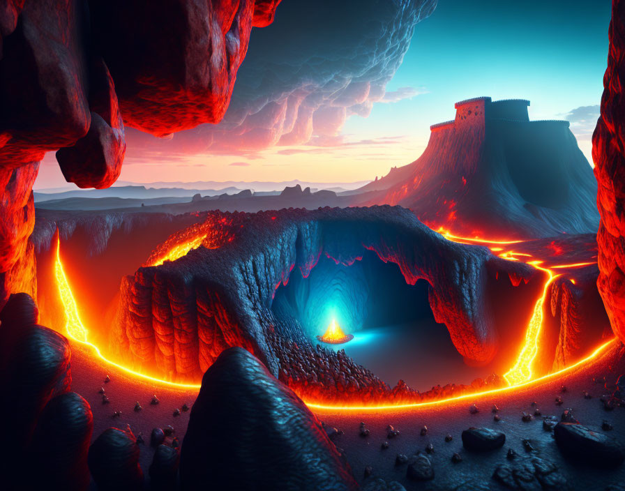 Surreal volcanic landscape: flowing lava, rocky terrain, glowing blue cavern.