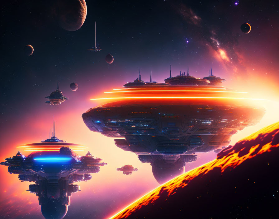 Futuristic spaceships in vibrant sci-fi scene orbiting fiery planet