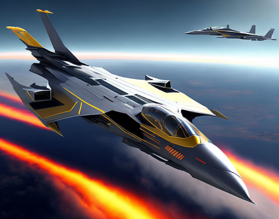 Sleek futuristic fighter jets in high-speed flight over Earth's atmosphere