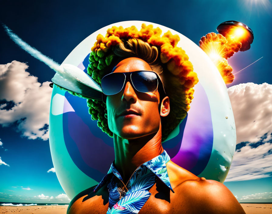 Colorful explosion cloud backdrop with man in sunglasses and floral shirt, plane, sun, beach.