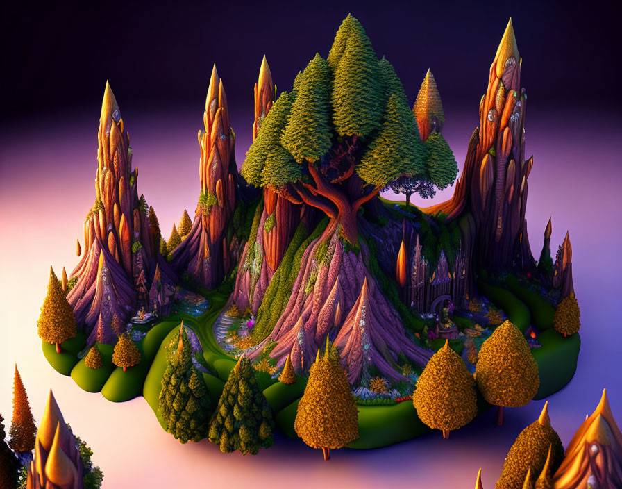 Vibrant 3D illustration of whimsical floating island with lush trees and purple rock formations