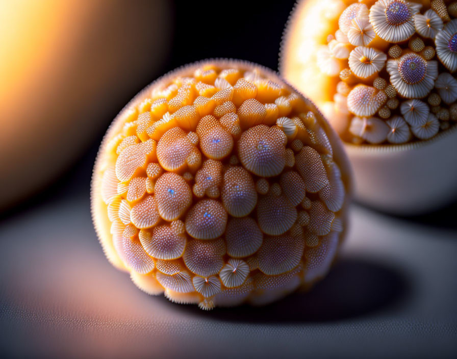 Intricate spherical objects with sea urchin-like patterns in warm hues