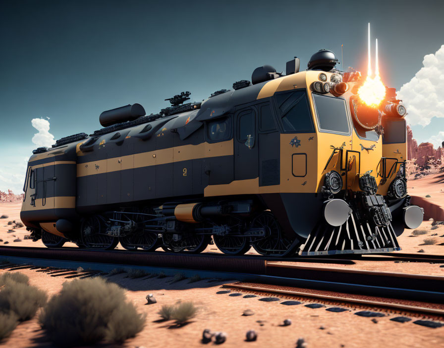 Retro-futuristic train with advanced artillery in desert setting