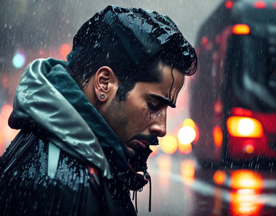 Bearded man in black jacket standing in rain
