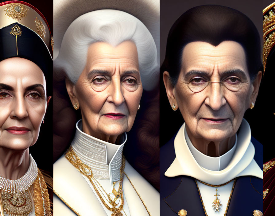 Stylized portraits: elderly woman as queen, cleric, military leader