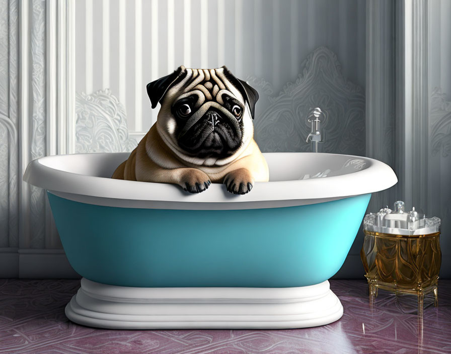 Adorable Pug in Turquoise Bathtub with Silver Faucet