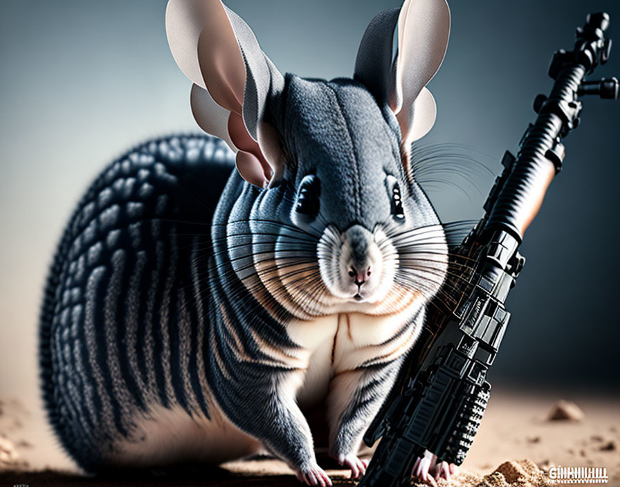 Mouse and armadillo hybrid digital art with miniature assault rifle standing upright