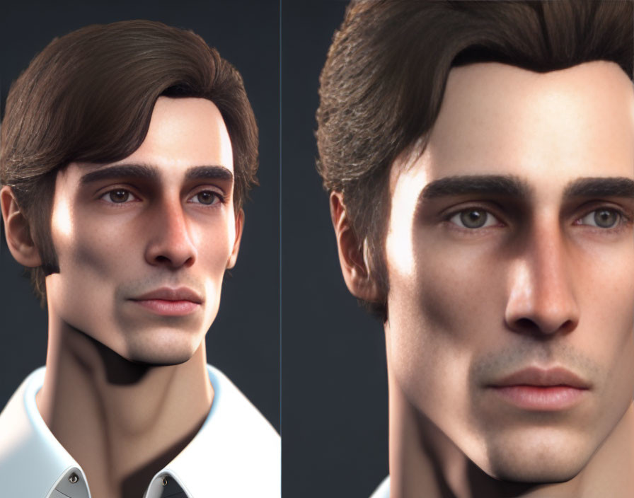 Man with Brown Hair in Collared Shirt: Split-View 3D Rendered Image