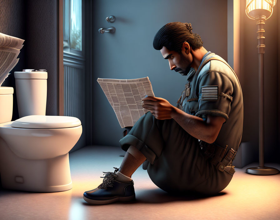 Uniformed man reading newspaper by lamp in room with toilet and door