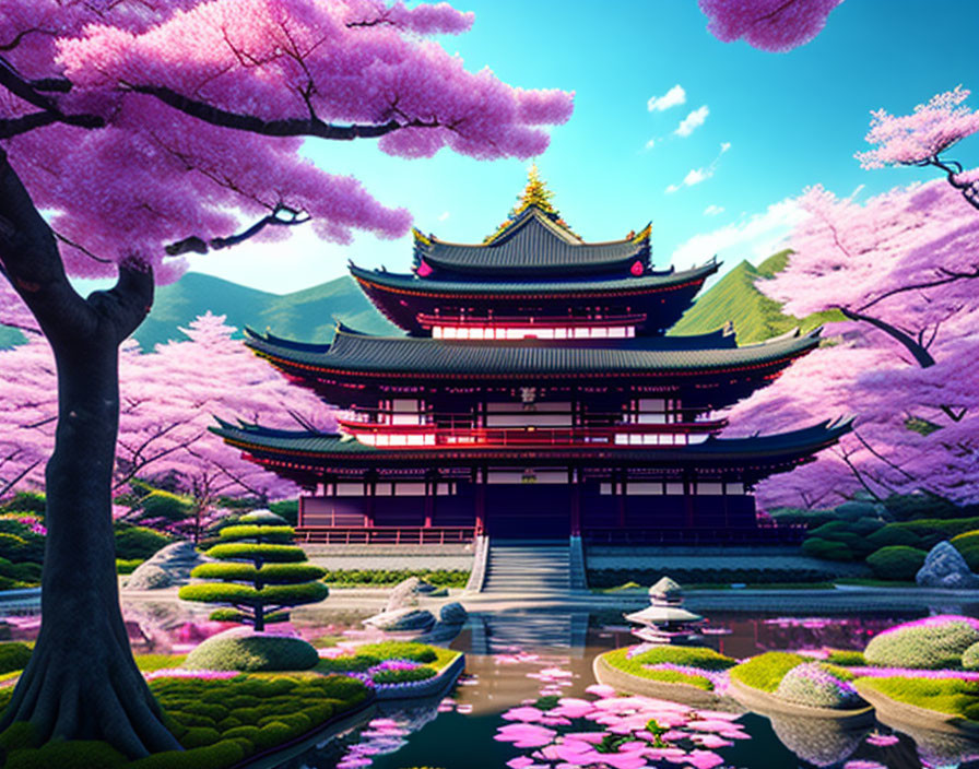 Japanese Pagoda with Cherry Blossoms and Pond in Tranquil Setting