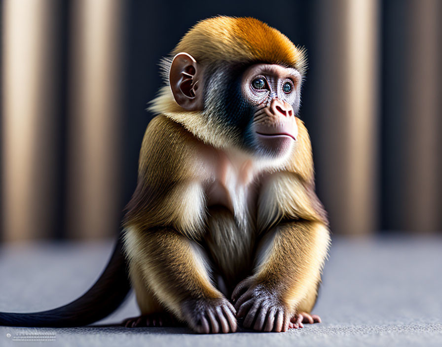 Colorful Young Monkey with Pensive Expression Against Striped Background