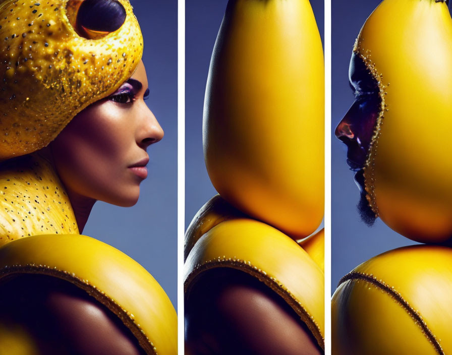 Triptych portrait of person in glossy yellow helmet with snake-like textures