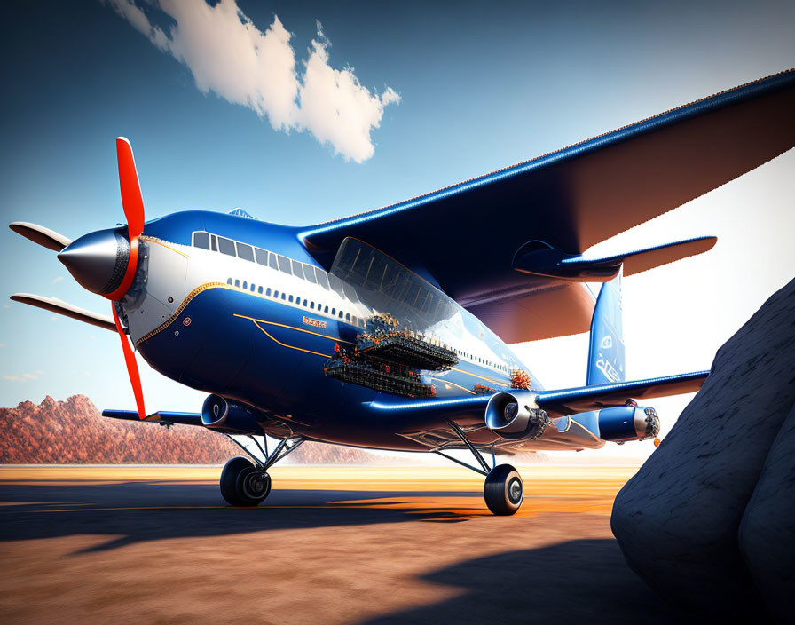 Blue propeller aircraft on desert runway with red rocky terrain and clear blue sky