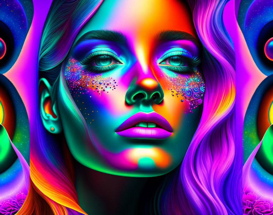 Colorful digital artwork: Woman's face with neon colors and psychedelic patterns