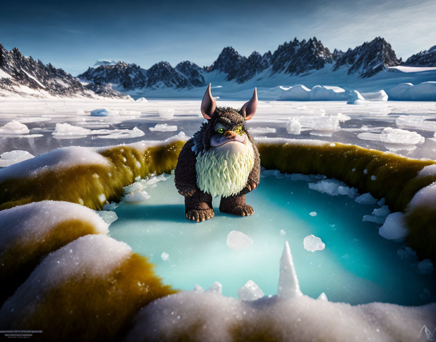Horned fur creature in icy pond with snowy landscape