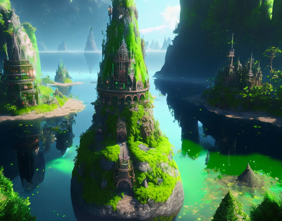 Fantasy landscape with lush greenery, ornate towers, rocky islets, serene waters