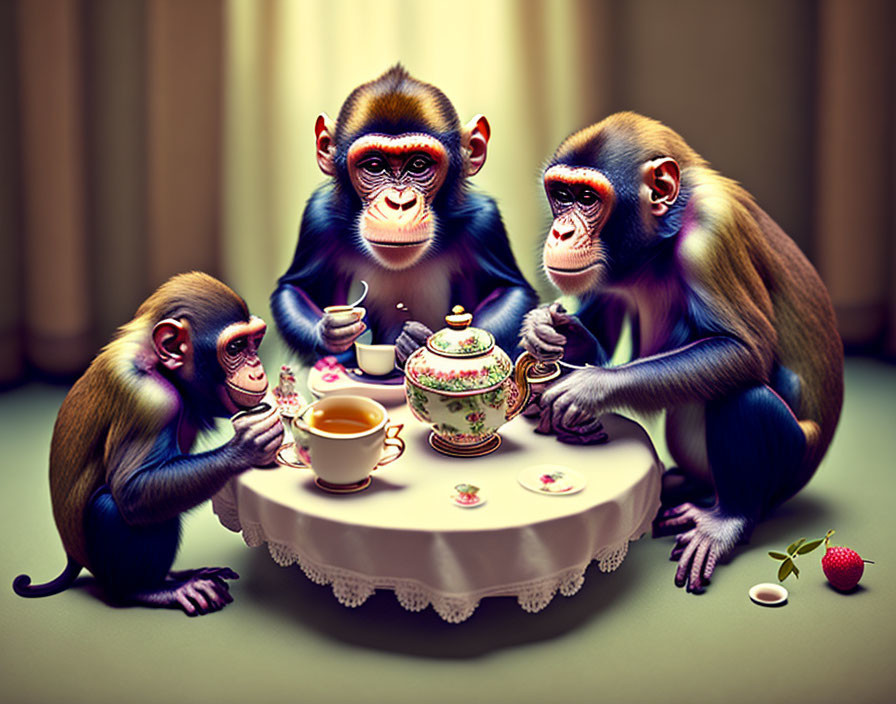 Anthropomorphic monkeys having a tea party at a small table
