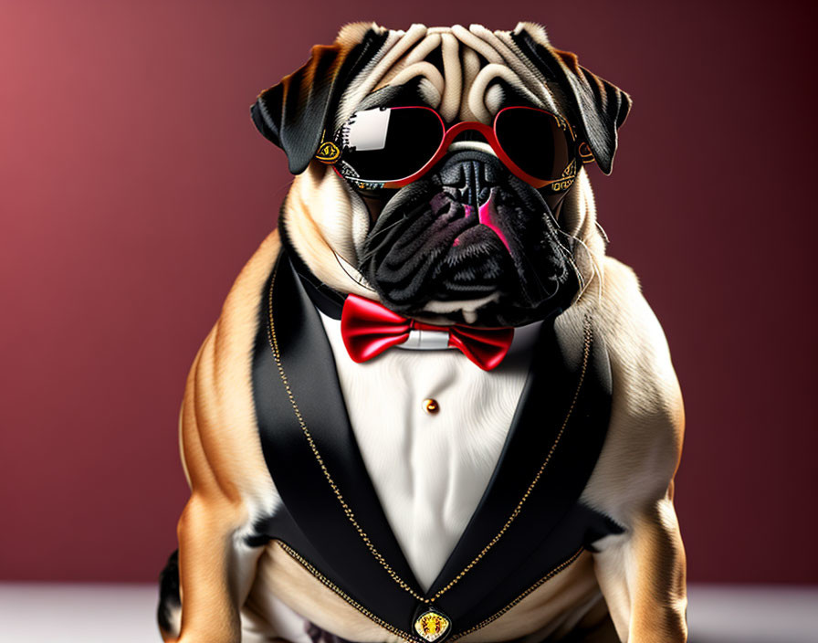Stylish pug dog in tuxedo and sunglasses on red background