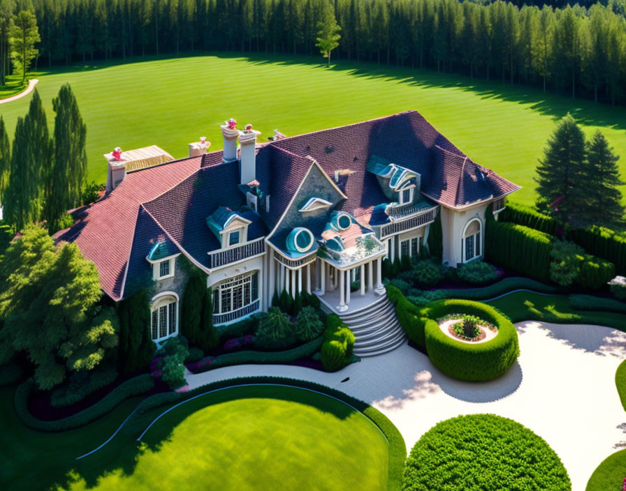 Luxurious Estate with Manicured Lawn and Ornate Gardens