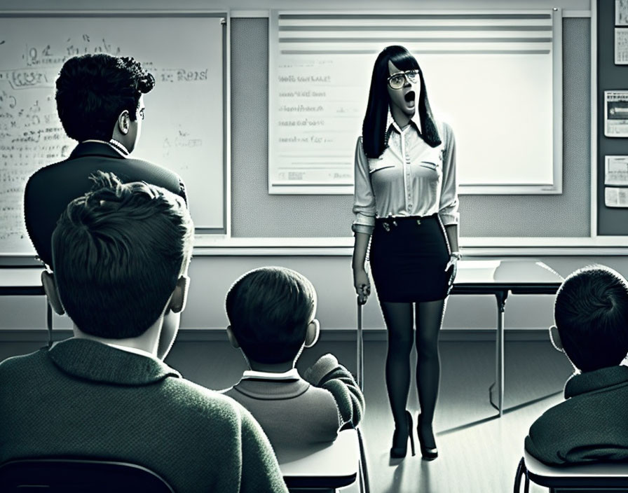 Teacher addressing young students in classroom with monochrome tones