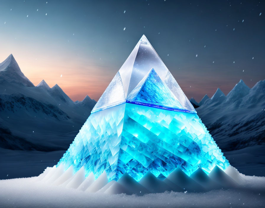 Crystal-like pyramid glowing with blue light in snowy mountain twilight.