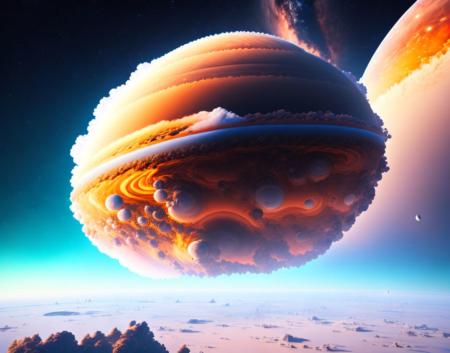 Surreal sci-fi landscape with giant ringed gas giant above icy terrain