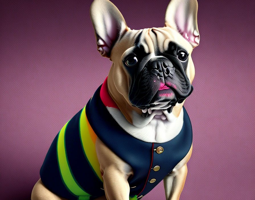 Adorable French Bulldog in Colorful Striped Shirt on Pink Background
