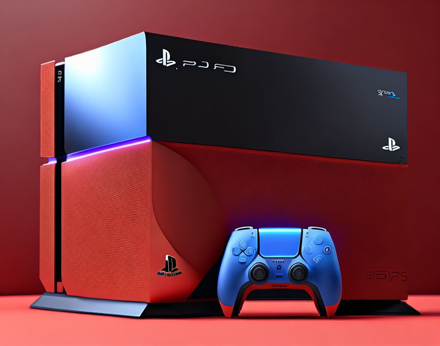 PlayStation 5 Console and Red DualSense Controller on Red Background
