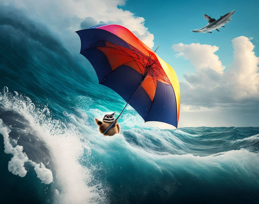 Raccoon with umbrella floating at sea with flying plane