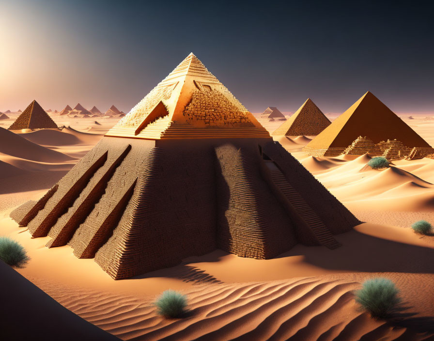 Surreal landscape featuring large pyramid and sand dunes