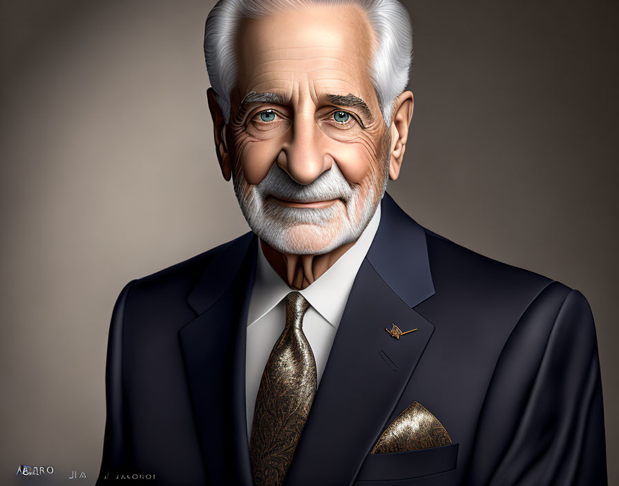 Elderly gentleman portrait in navy suit with patterned tie