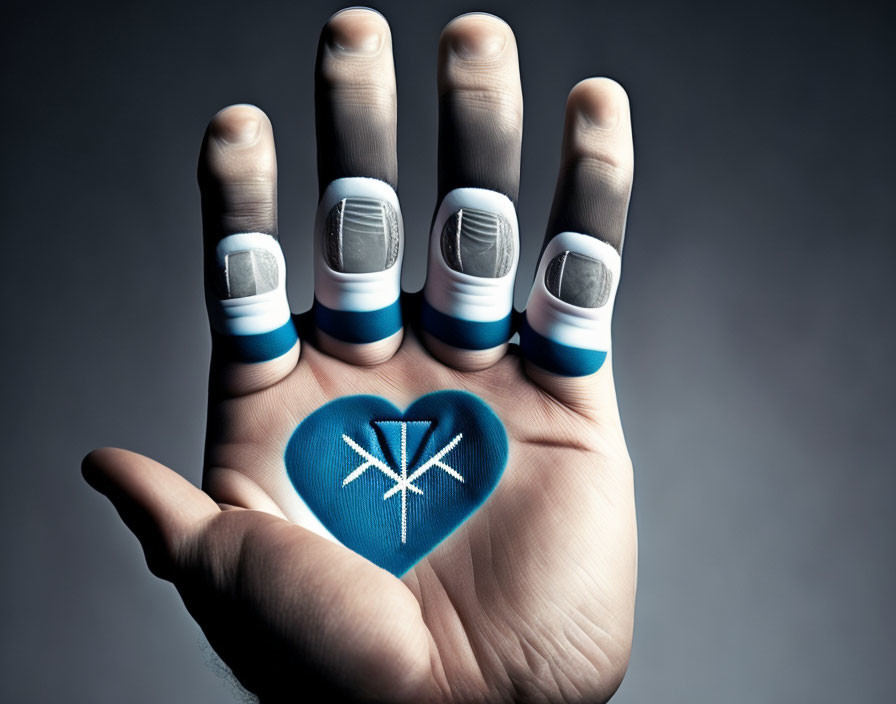 Digital icons on fingertips of open hand with glowing blue heart and white asterisk symbol.