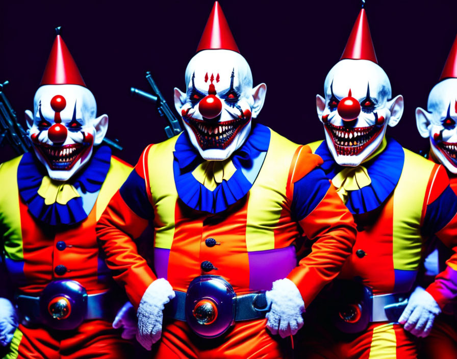 Colorful clowns in vibrant costumes with exaggerated makeup and weapons.
