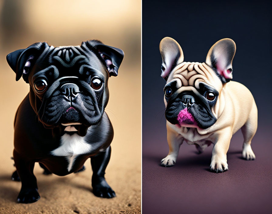 Two Pugs Side by Side: Black and Fawn Colors with Blurred Background