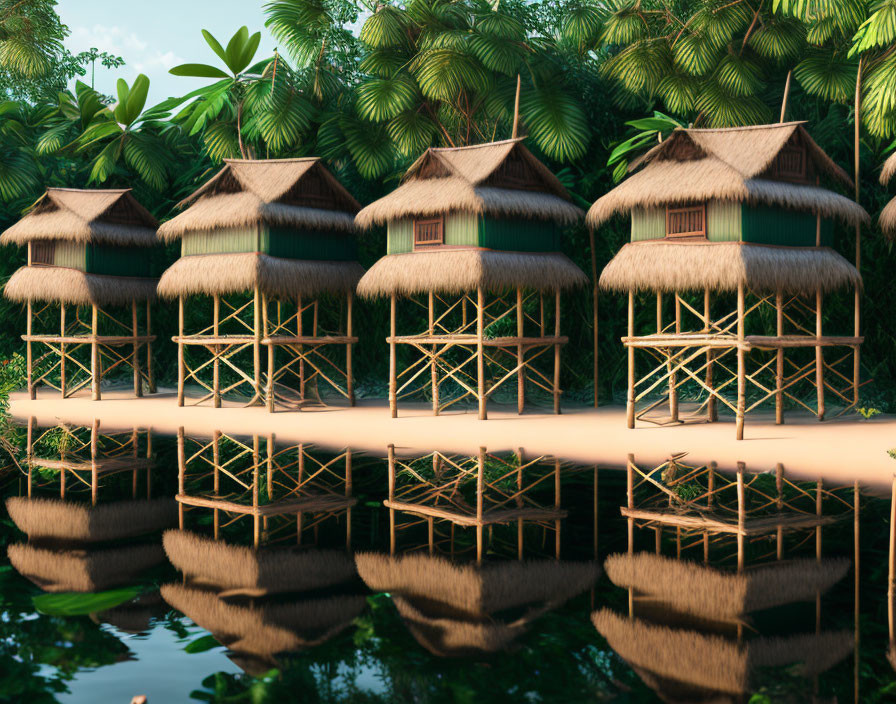 Stilt Houses Reflecting on Tranquil Water Amidst Lush Greenery