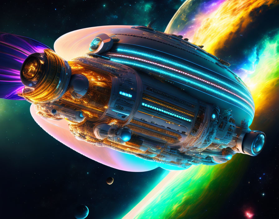 Futuristic spaceship with blue and gold lights in colorful nebulae