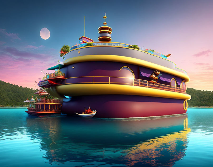 Vibrant animated image: Large violet and gold cruise ship near tropical coast at twilight