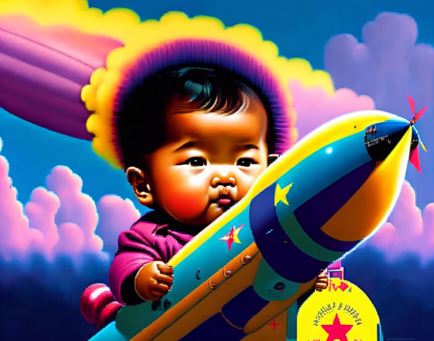 Baby in pink onesie on colorful rocket in vibrant sky