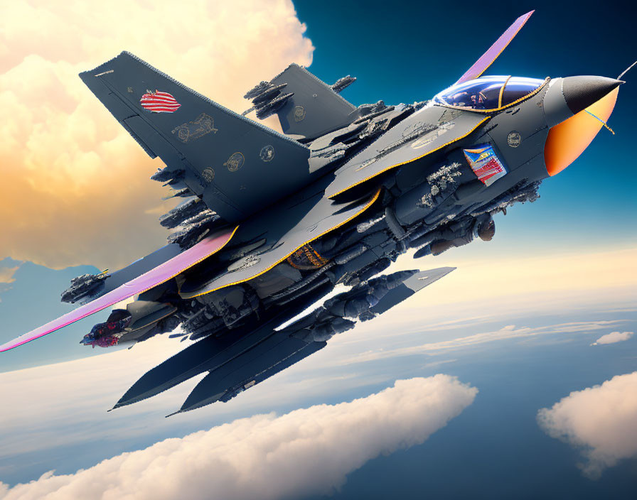 Vibrant fighter jet artwork with exaggerated armaments above clouds