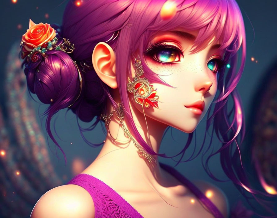 Digital artwork: Female character with purple hair, blue eyes, floral hairpiece, gear earring