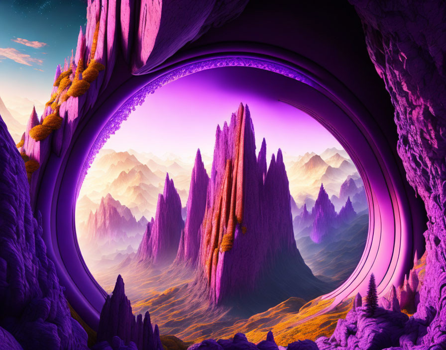Colorful digital artwork of purple alien landscape with towering rocks from cave entrance