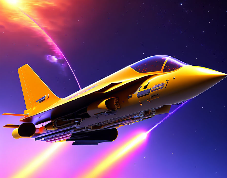 Futuristic yellow fighter jet in vibrant digital illustration