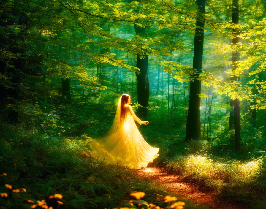 Woman in flowing yellow dress in sunlit forest with dappled shadows.
