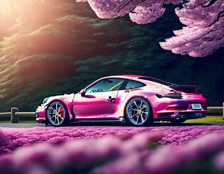 Pink sports car under cherry blossoms and magenta backdrop