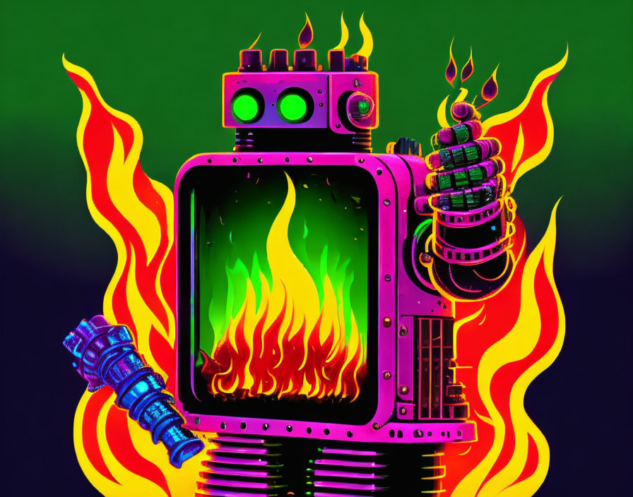 Illustration of fiery robot with red eye and torch