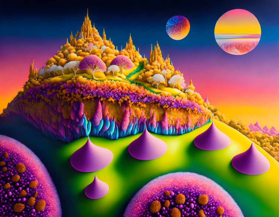 Colorful Mushroom Structures in Surreal Landscape with Textured Mountain Range